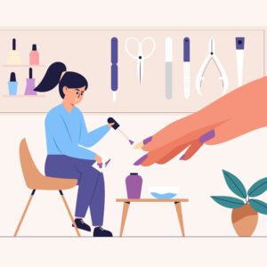 Manicurist Applies Nail Polish of client in a nail salon. She smiles and admires the professional work.