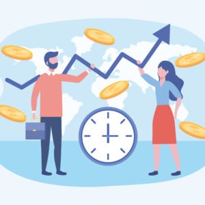 businesswoman and businessman with clock and coins with suitcase to teamwork strategy vector illustration