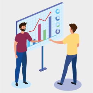businessmen with statistics graphics icons vector illustration design