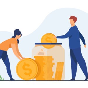 Family couple saving money. Man and woman inserting cash into glass jar. Vector illustration for finance, deposit, economy, investment, banking, concept