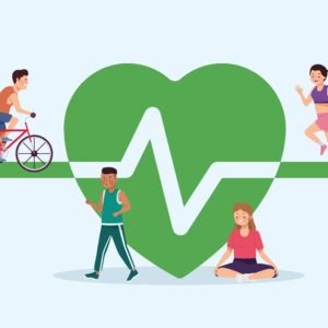 group of athletes in heart cardio characters